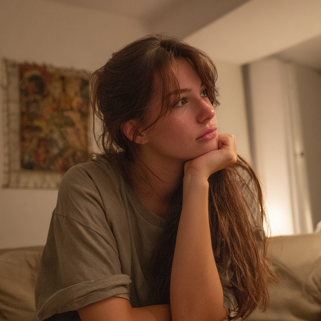 An emotional woman sitting on a couch | Source: Midjourney