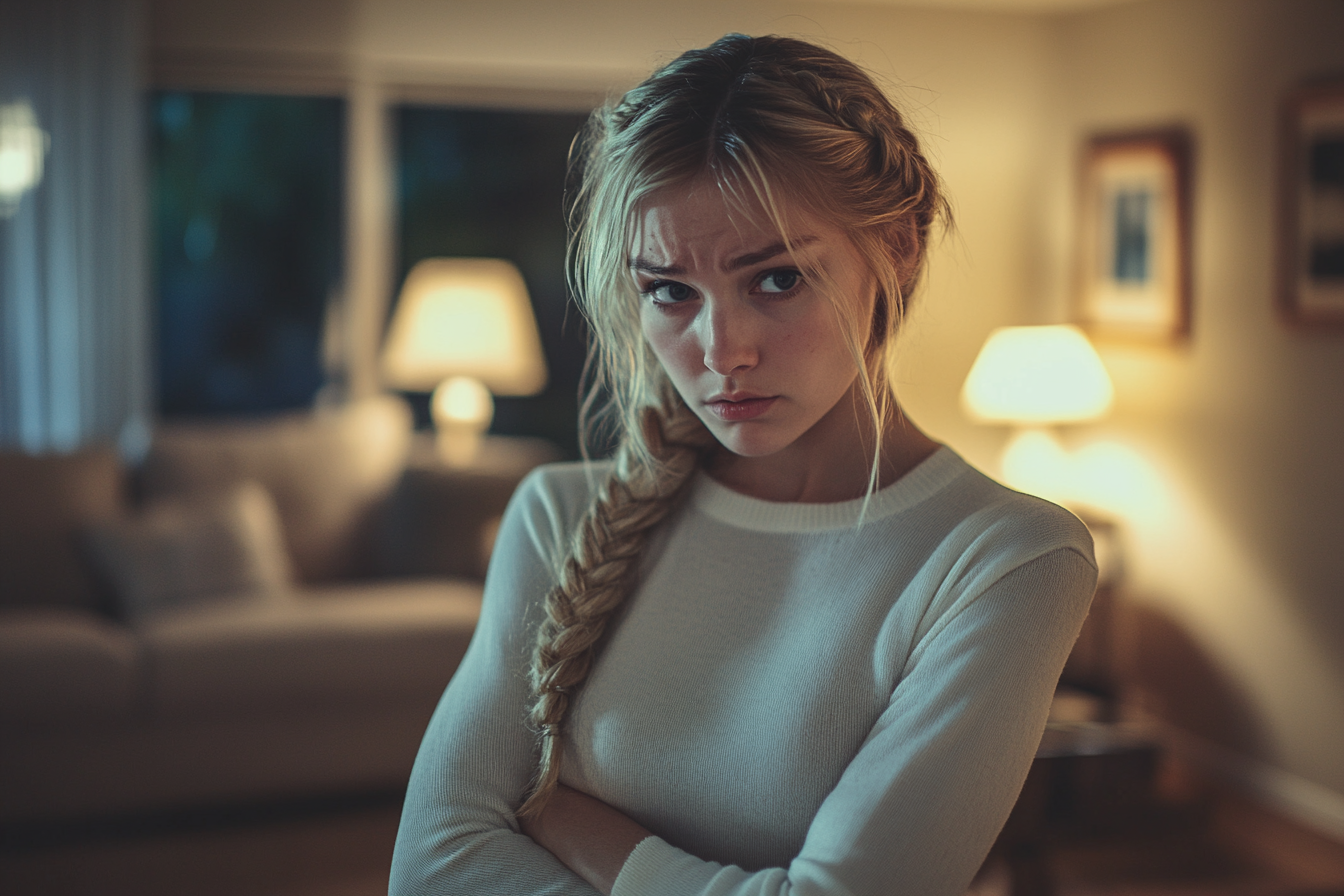 Woman in her 30s with her arms crossed in a living room at night looking upset | Source: Midjourney