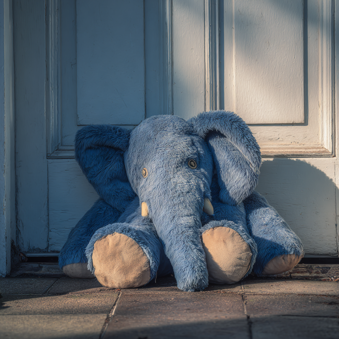 Blue stuffed elephant toy lying on the front door of a house | Source: Midjourney