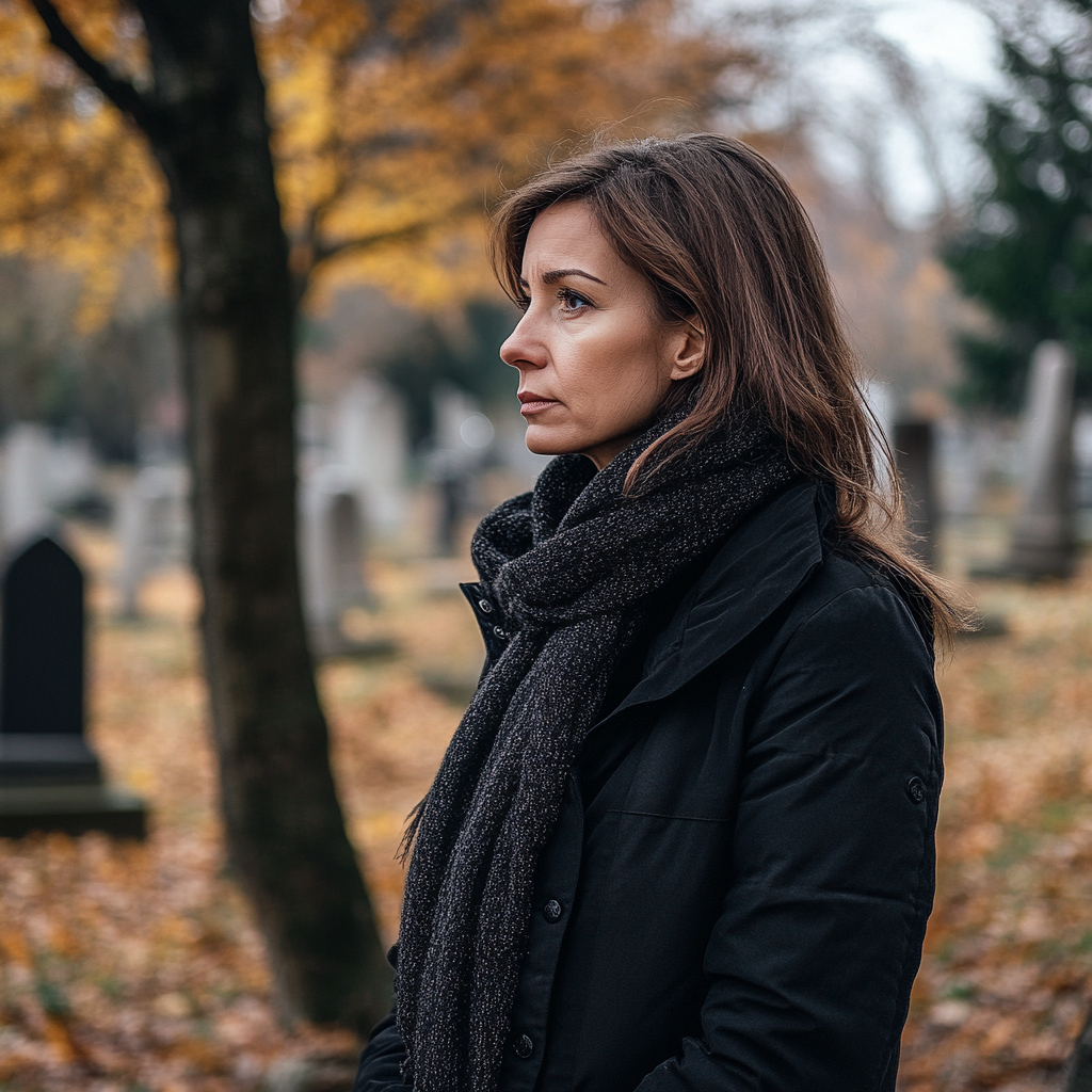 A side shot of a grieving woman at a cemetery ⏐ Source: Midjourney