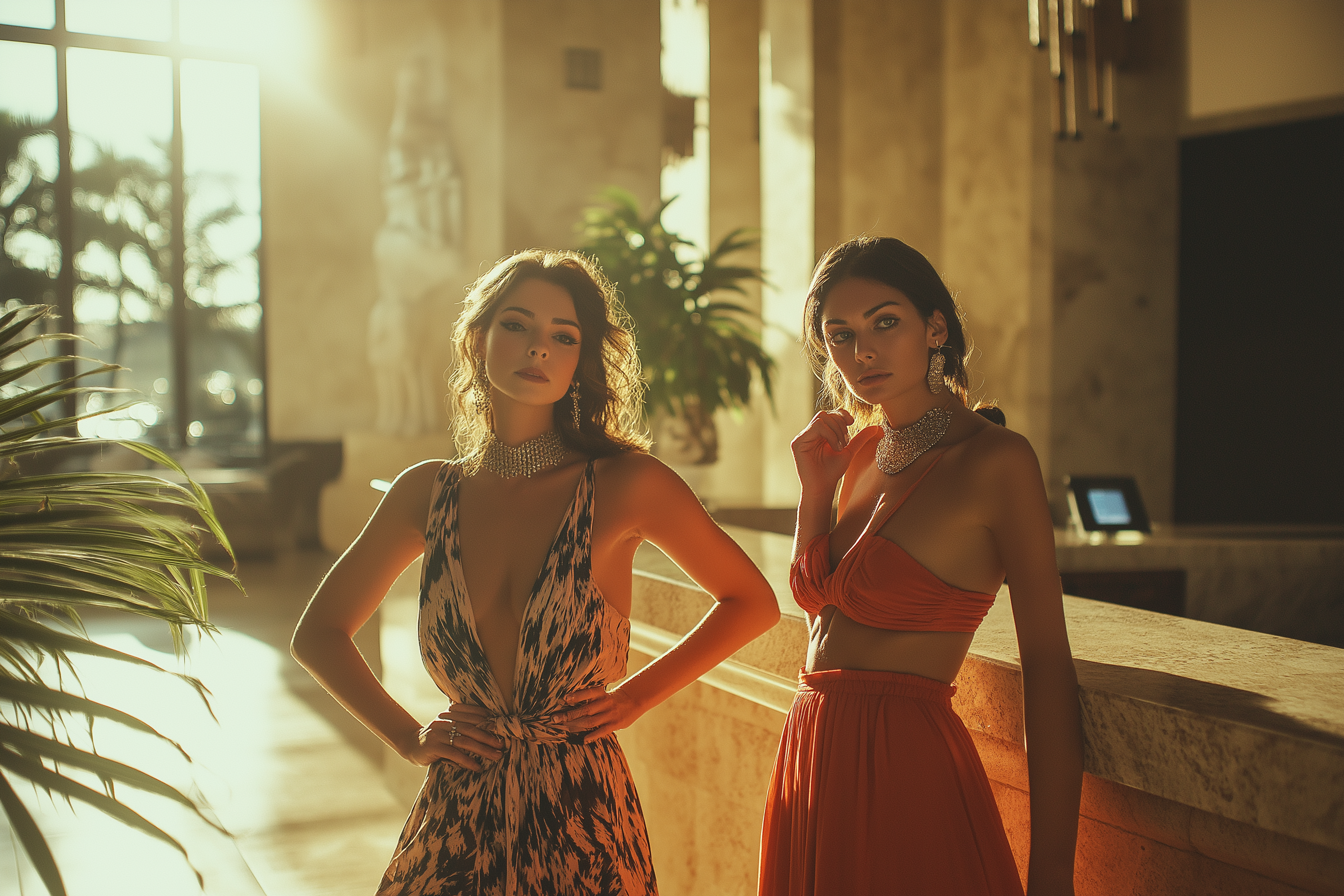 Two women looking at something in the lobby of a resort | Source: Midjourney