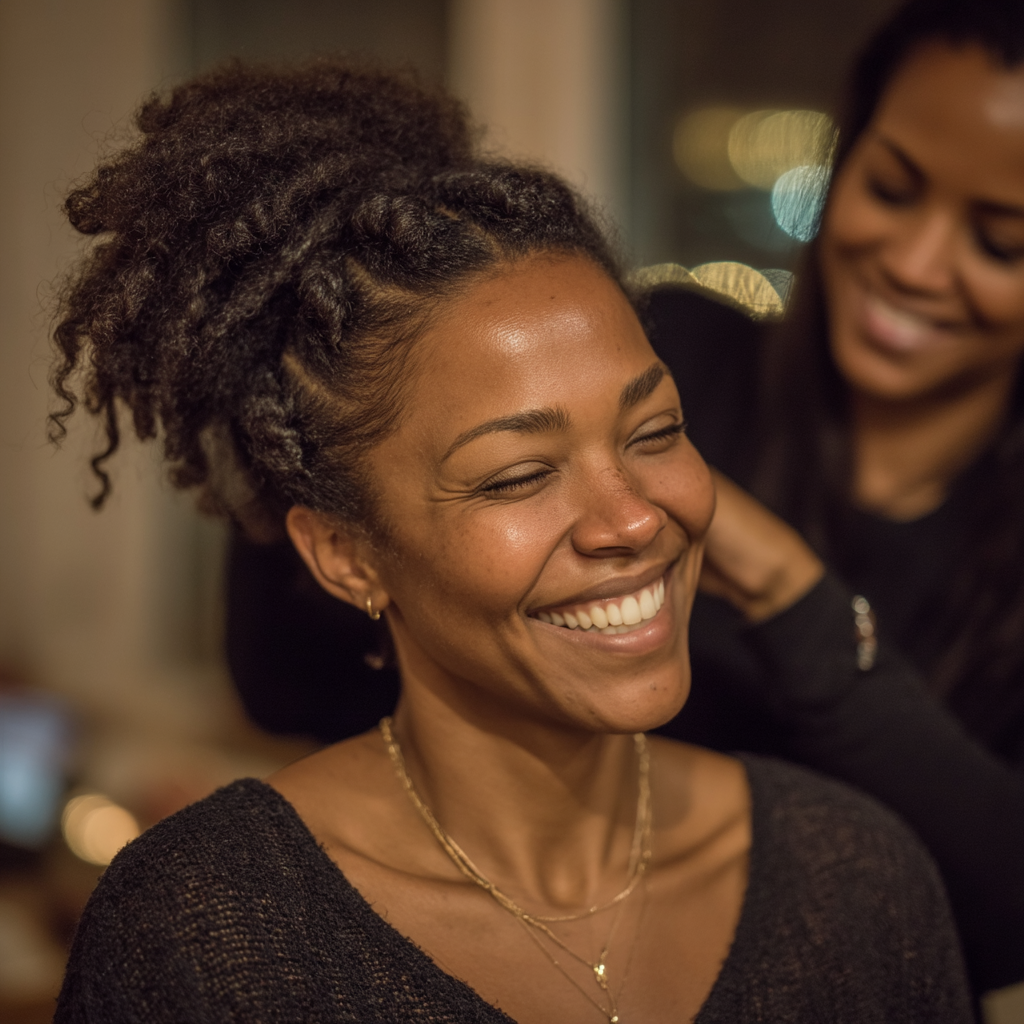 A happy woman getting her hair done | Source: Midjourney