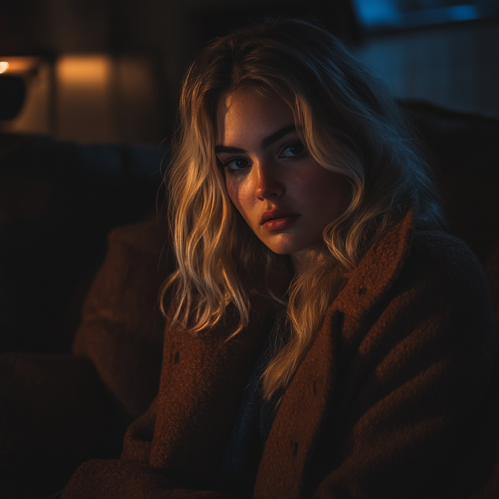 A woman sitting on the basement couch | Source: Midjourney