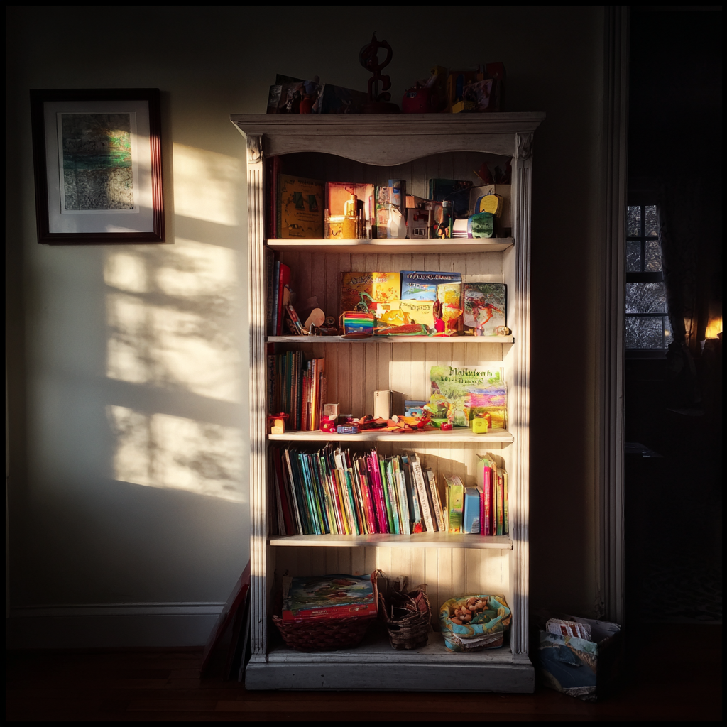 A bookshelf in a child's room | Source: Midjourney
