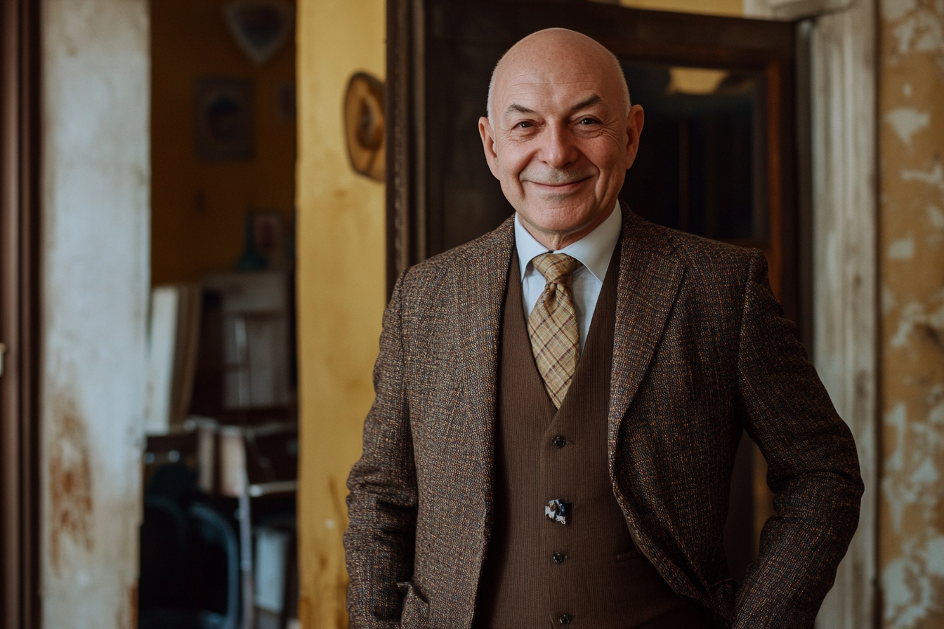 A well-dressed man in a shabby apartment | Source: Midjourney