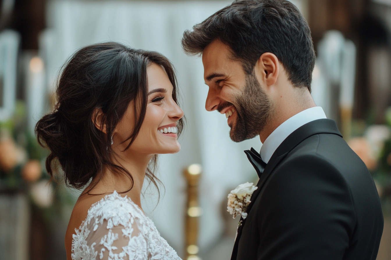 A couple laughing together on their wedding day | Source: Midjourney