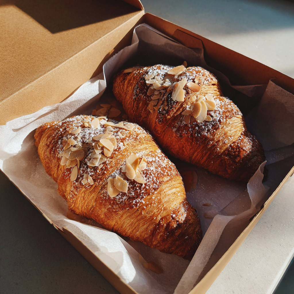 Two almond croissants in a bakery box | Source: Midjourney