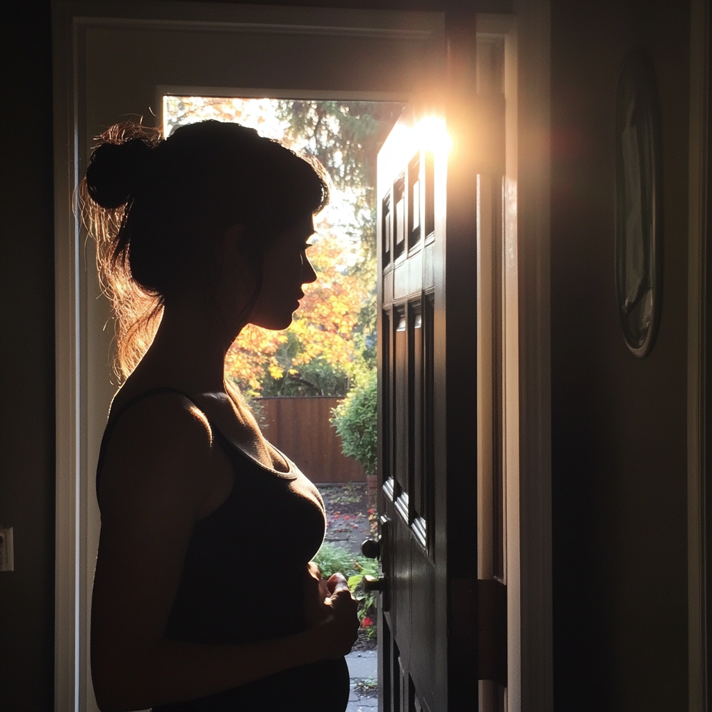 A postpartum woman standing in a doorway | Source: Midjourney