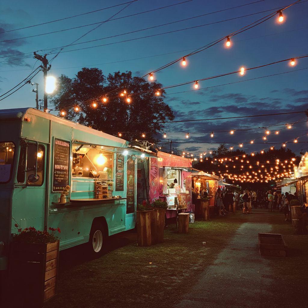 A row of food trucks at a music festival | Source: Midjourney