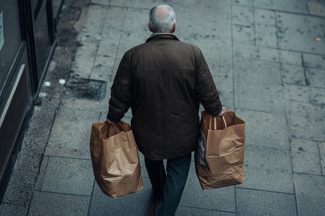 A man walking on a sidewalk carrying groceries | Source: Midjourney