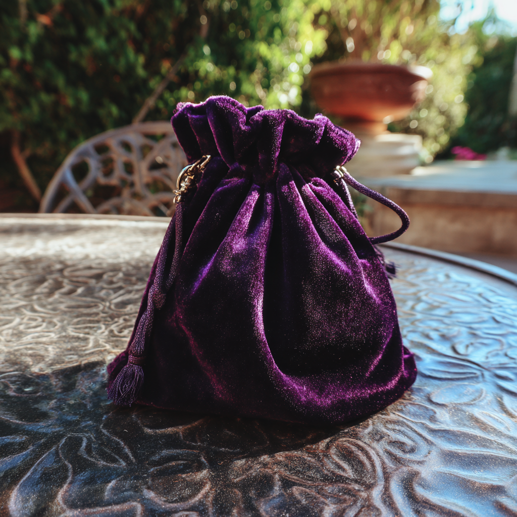 A purple velvet pouch on a table | Source: Midjourney