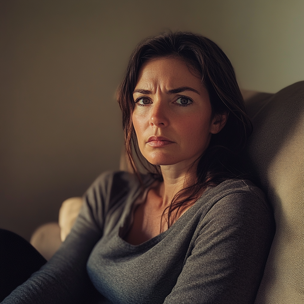 A frowning woman sitting on a couch | Source: Midjourney