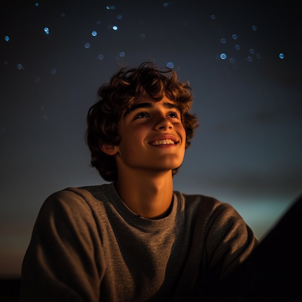 Um menino sorrindo enquanto observa as estrelas | Fonte: Midjourney