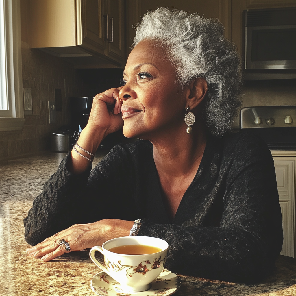 A woman sitting at a kitchen table | Source: Midjourney