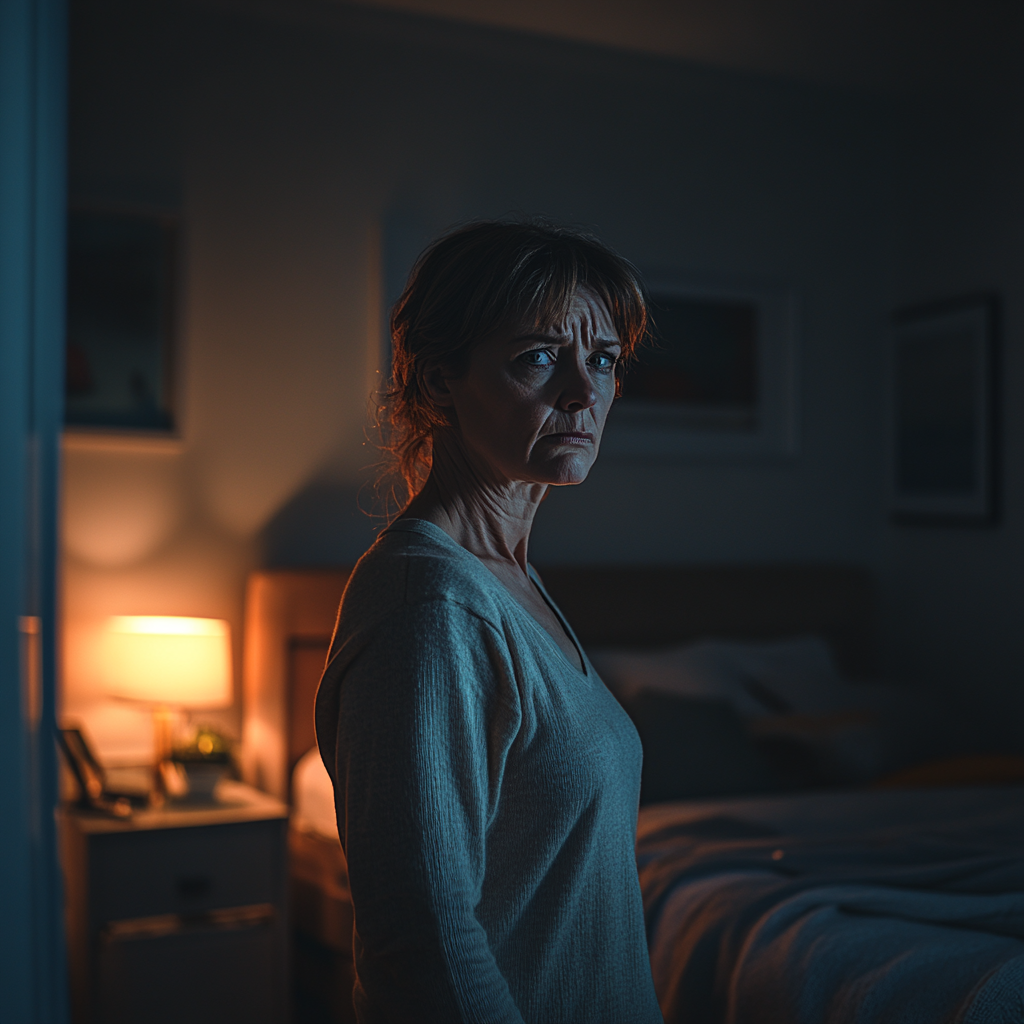 An angry mature woman in her bedroom | Source: Midjourney