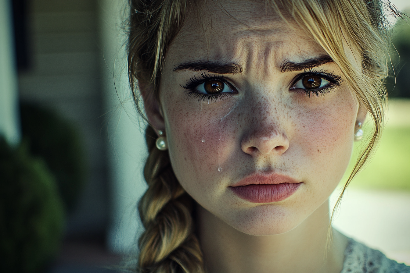 Woman in her late 20s crying on the front porch | Source: Midjourney