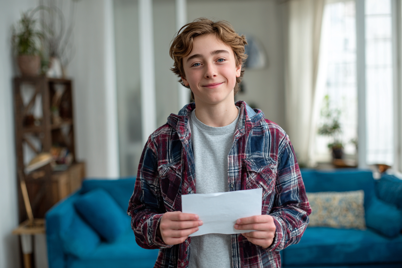A teen boy holding a piece of paper | Source: Midjourney
