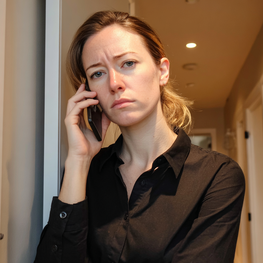 A frowning woman talking on a phone | Source: Midjourney