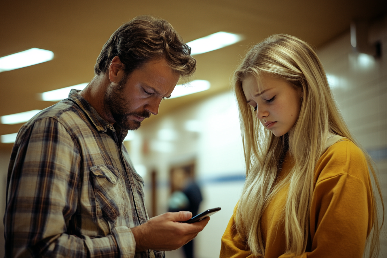 A man using his phone while his sad teen daughter stands nearby | Source: Midjourney