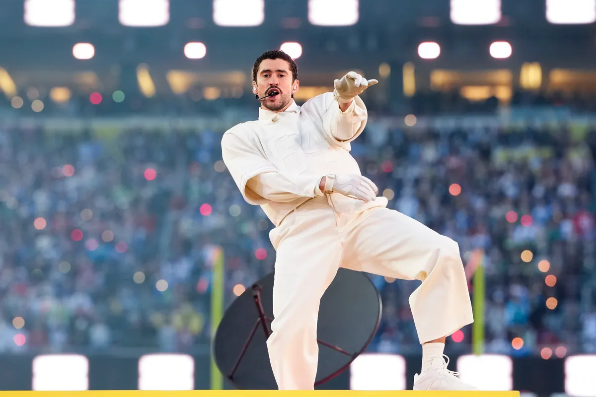 Bad Bunny performs during the halftime show at the NFL Super Bowl LX football game between the Seattle Seahawks and New England Patriots at Levi Stadium on February 8, 2026 in Santa Clara. | Source: Getty Images