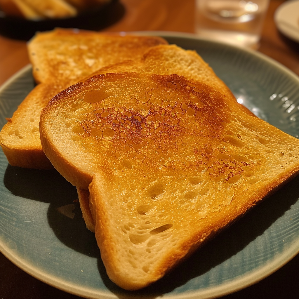 Pain grillé beurré sur une assiette | Source : Midjourney