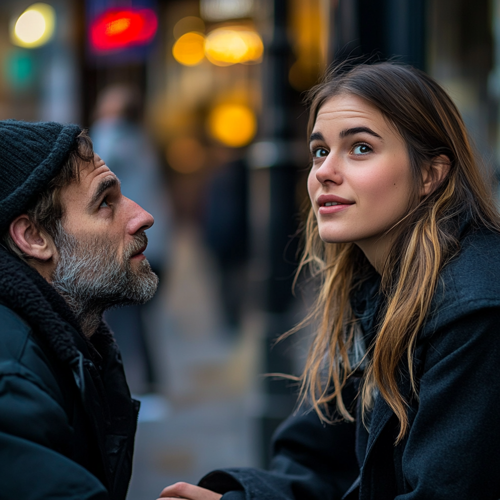 A young businesswoman talking to a homeless man | Source: Midjourney