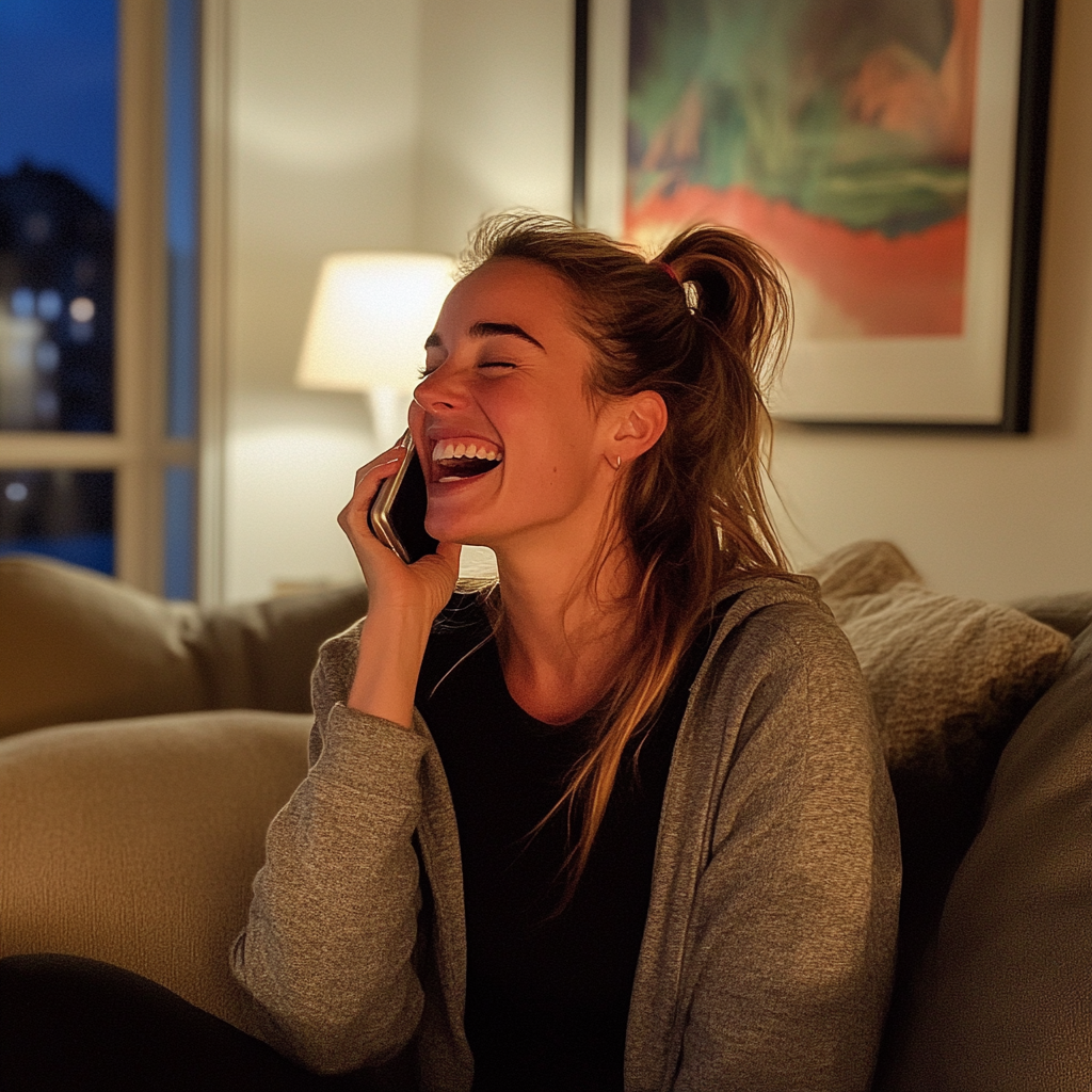 A woman laughing on a phone | Source: Midjourney