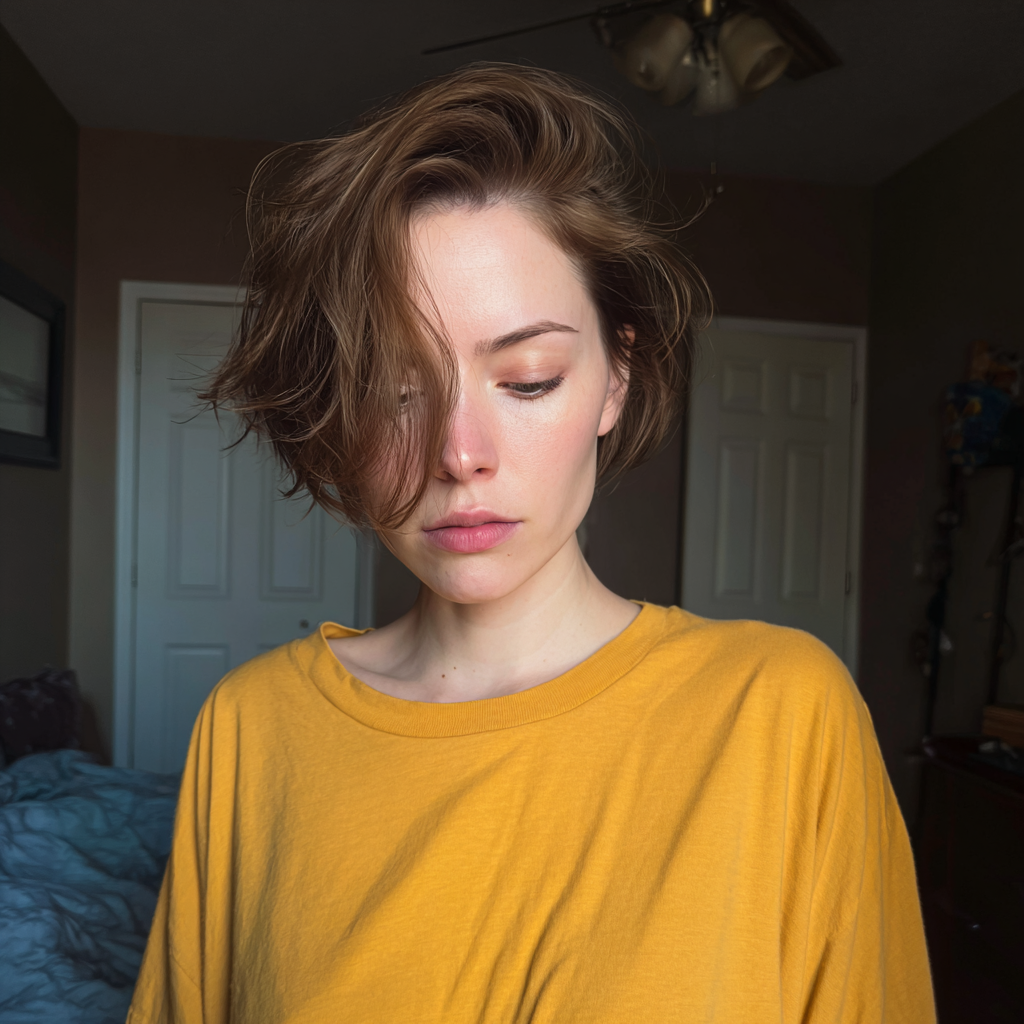 A pensive woman sitting on her bed | Source: Midjourney