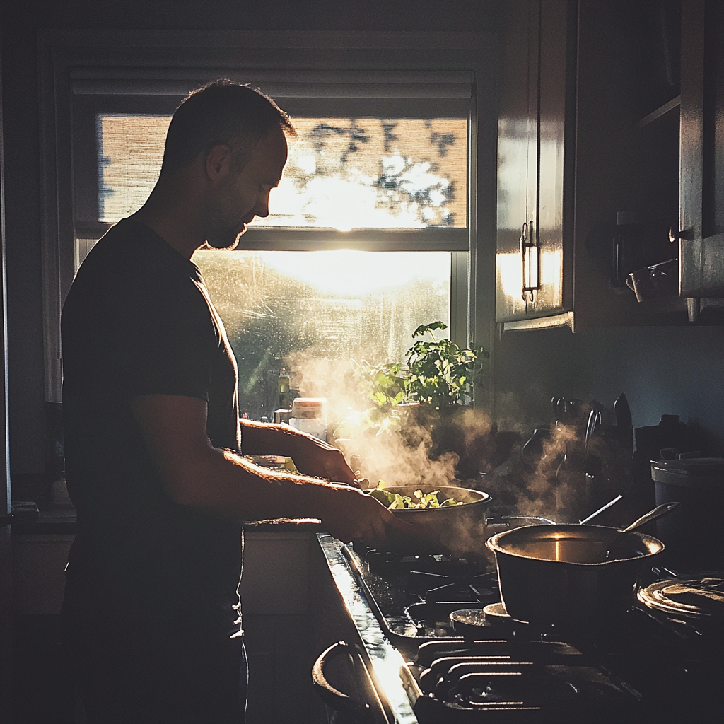 Un homme occupé dans la cuisine | Source : Midjourney