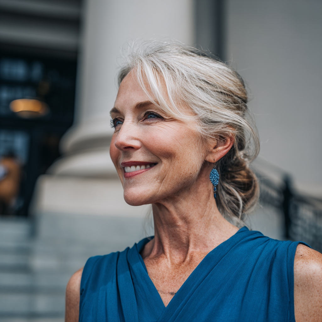 A smiling older woman in a blue dress | Source: Midjourney