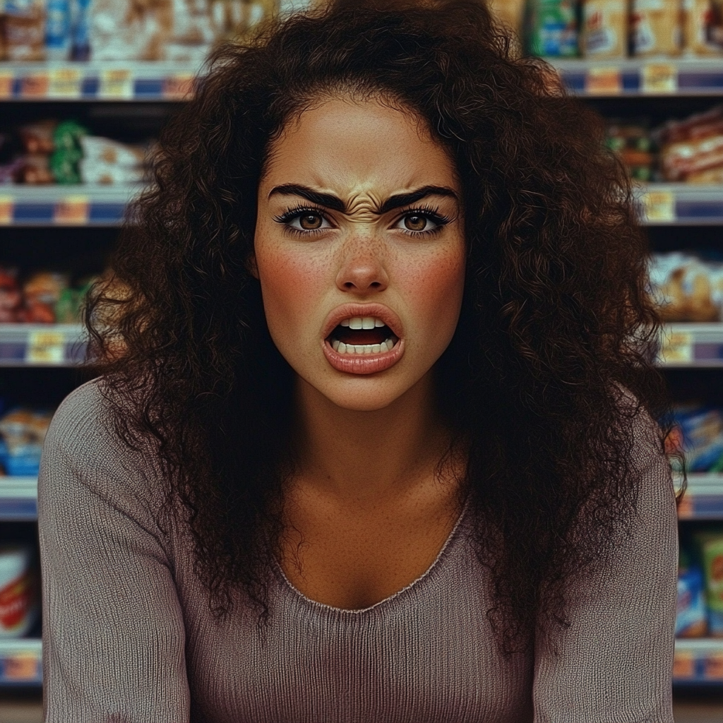 An angry woman at a grocery store | Source: Midjourney