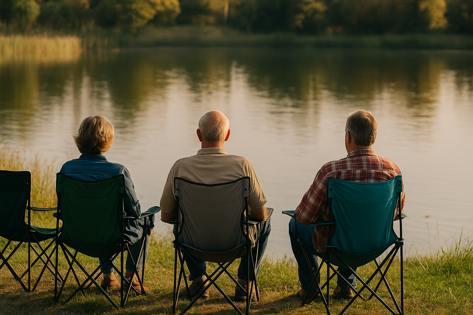 Three people sitting near the lake | Source: Sora