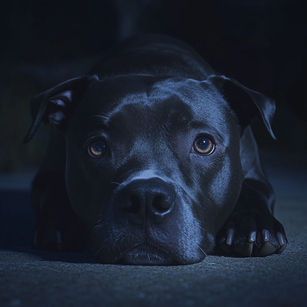 A sad, lonely Pitbull lying down and eagerly waiting for someone | Source: Midjourney