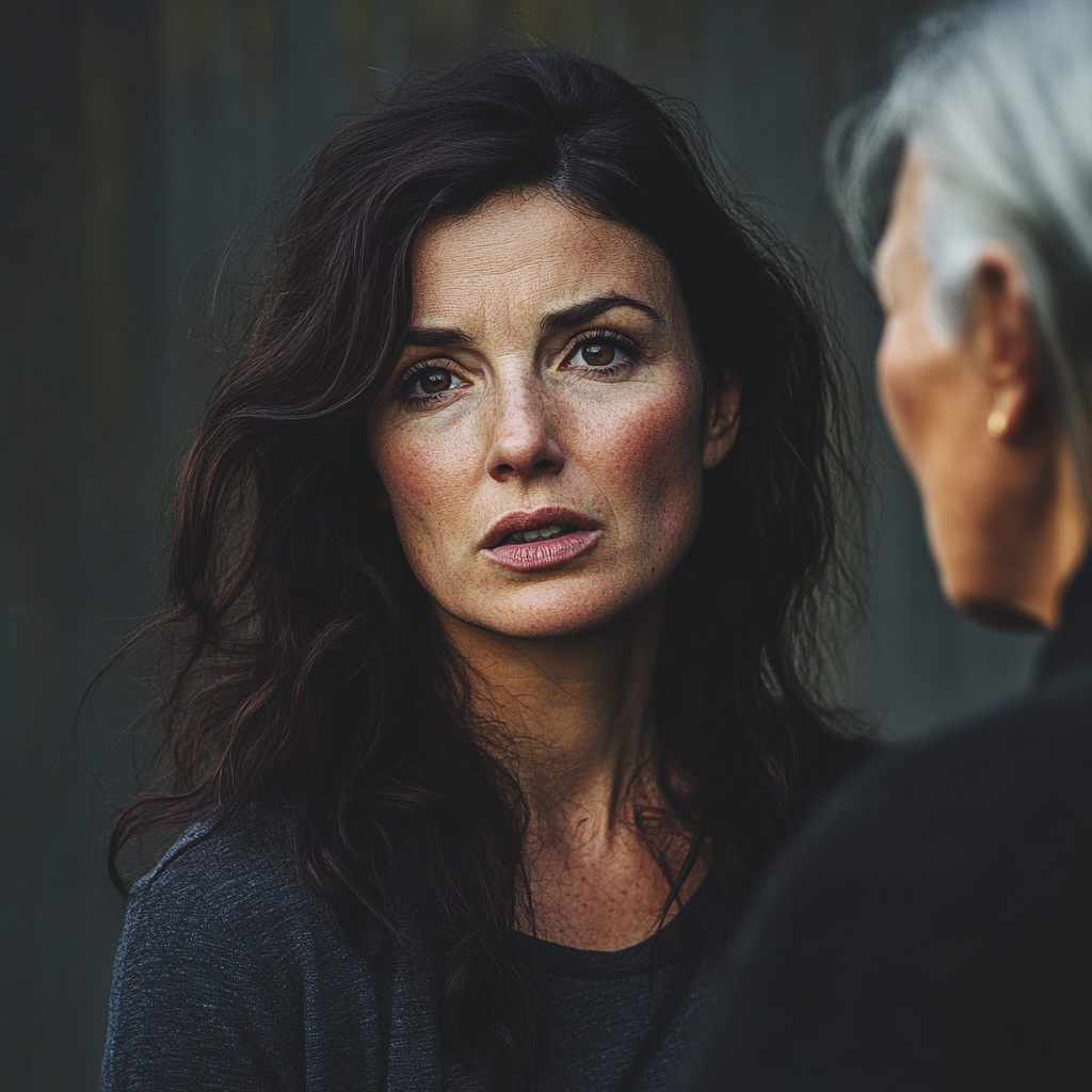 A disappointed young woman in a heated conversation with her mother-in-law | Source: Midjourney