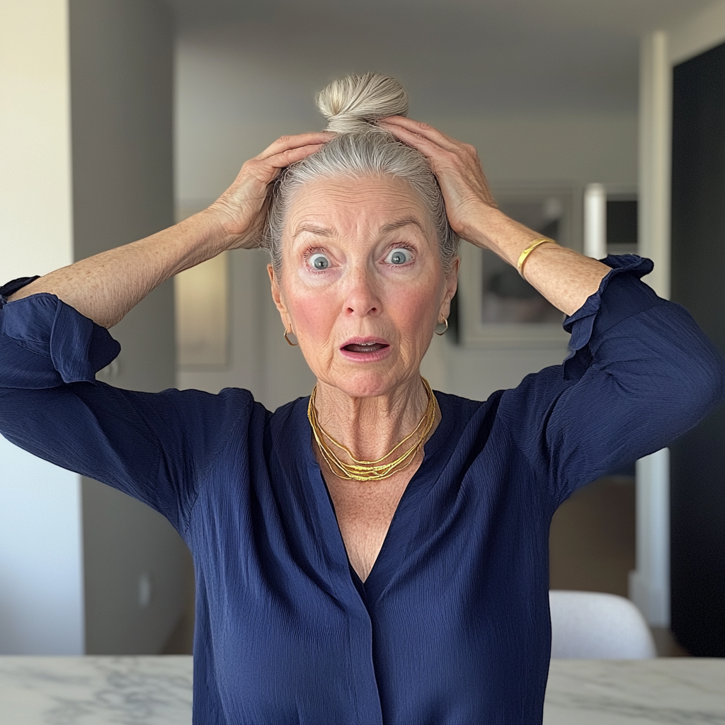 A shocked old woman with her hands on her head | Source: Midjourney