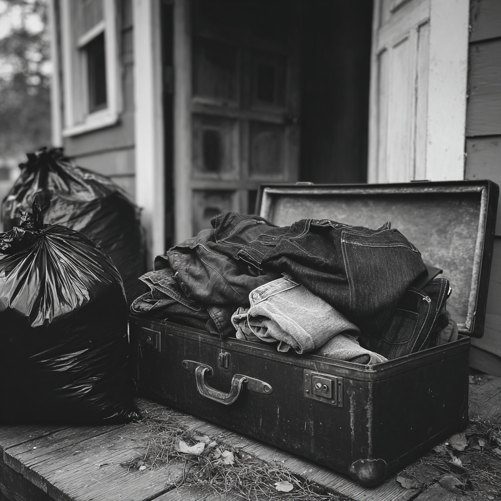 Rubbish bags and a suitcase on a porch | Source: Midjourney