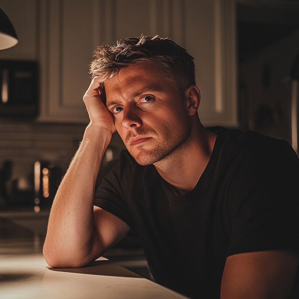 A man sitting at a kitchen counter and holding his head | Source: Midjourney