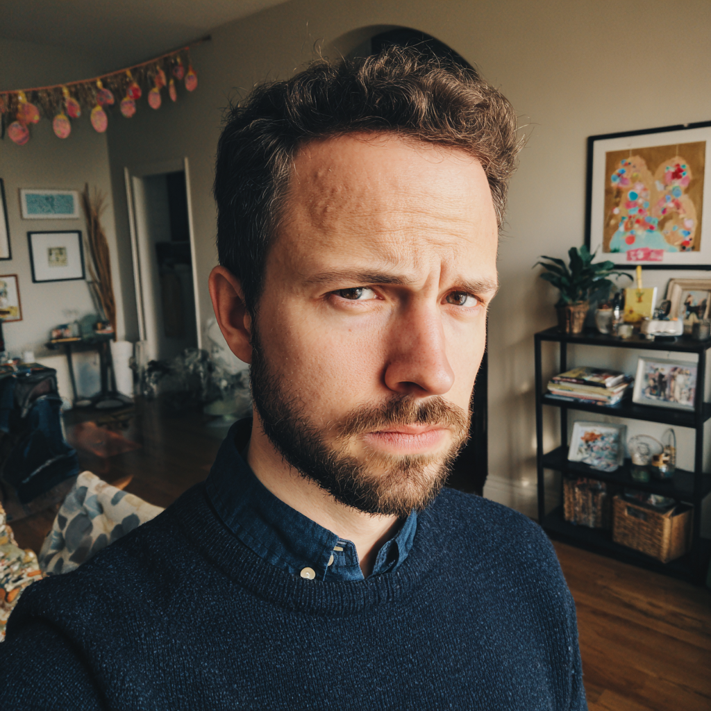 A frowning man wearing a navy sweater | Source: Midjourney
