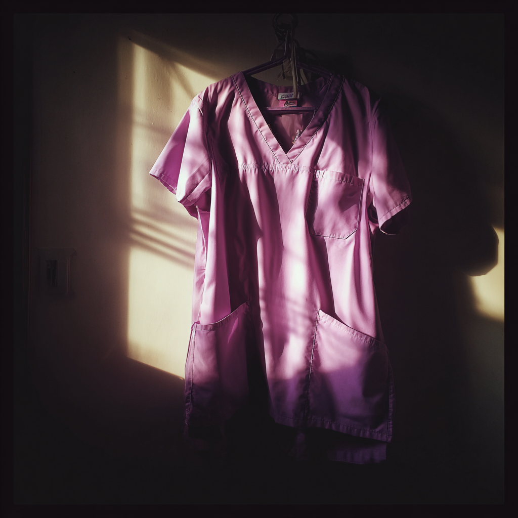 A pair of scrubs hanging in a bedroom | Source: Midjourney