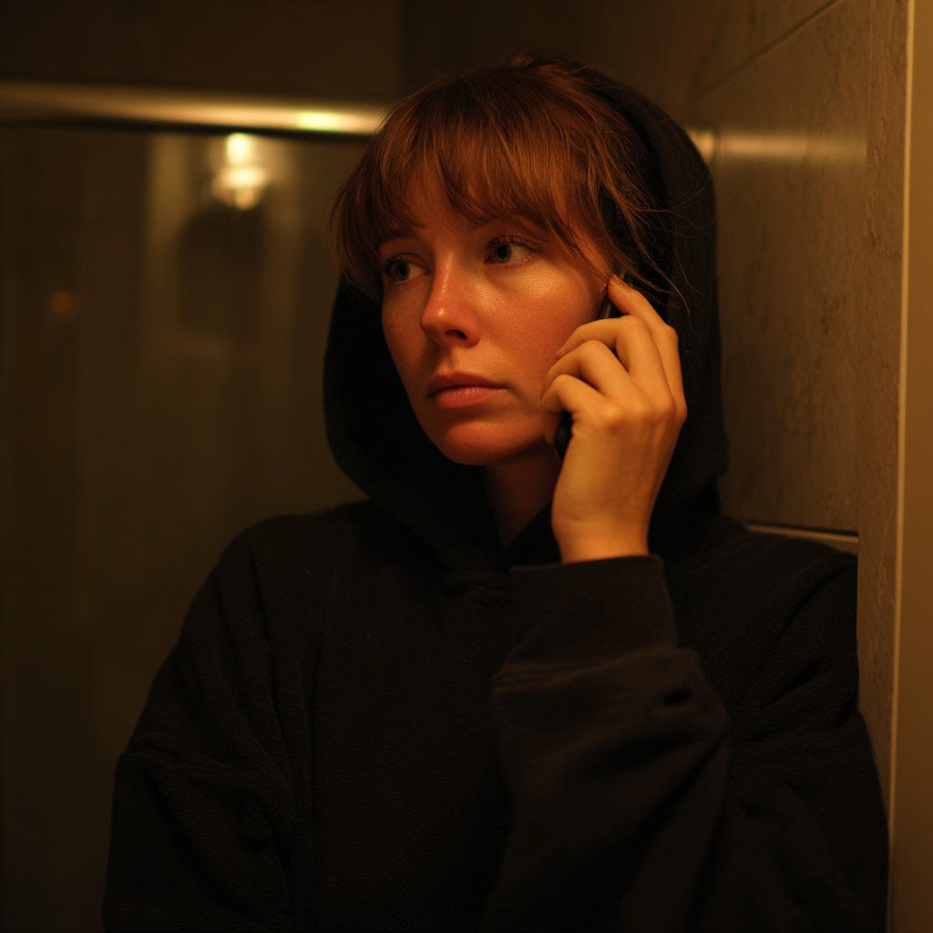 A woman in a black hoodie talking on the phone | Source: Midjourney