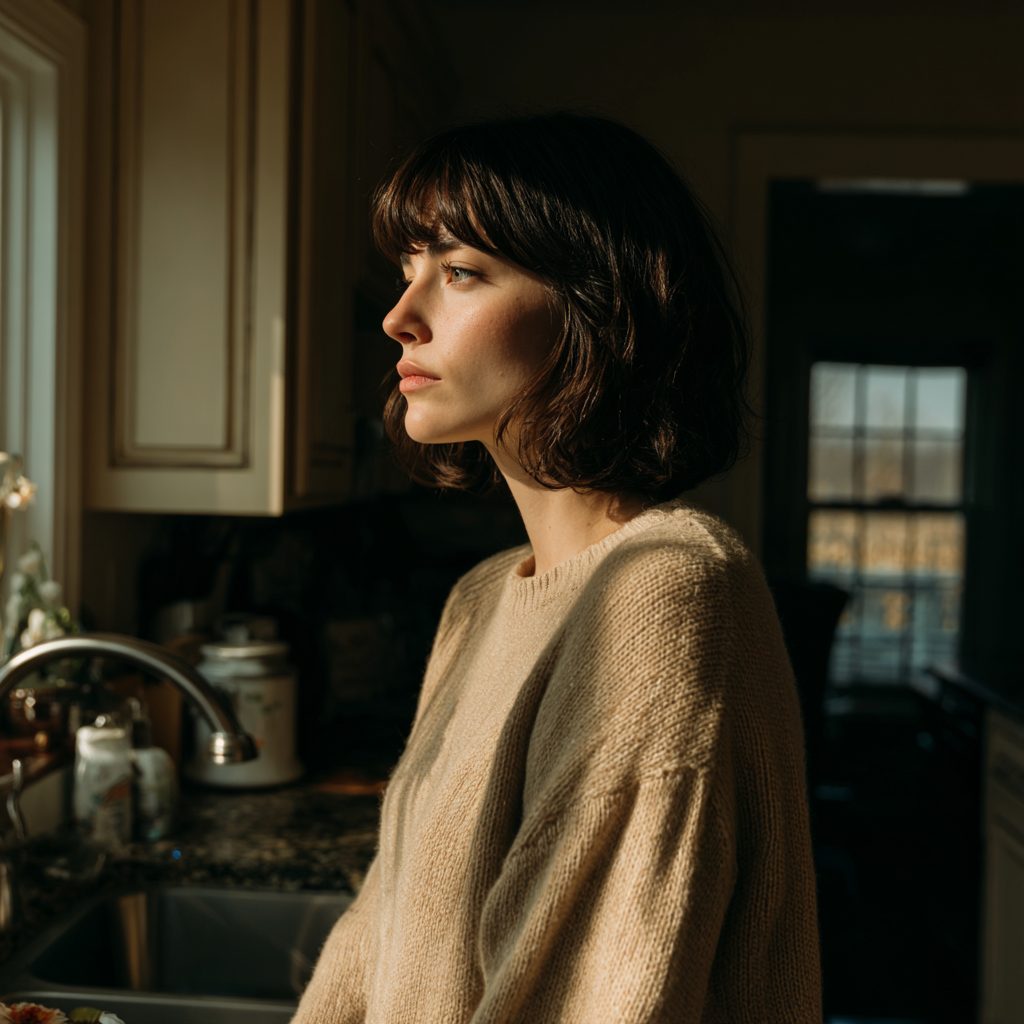 A pensive woman standing in a kitchen | Source: Midjourney