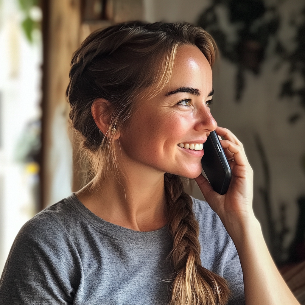 Flight Attendant Woke Me Up & Told Me to Check My Husband's Bag While He Was Away — I Never Expected What I Found 23 A smiling young woman talking on the phone | Source: Midjourney