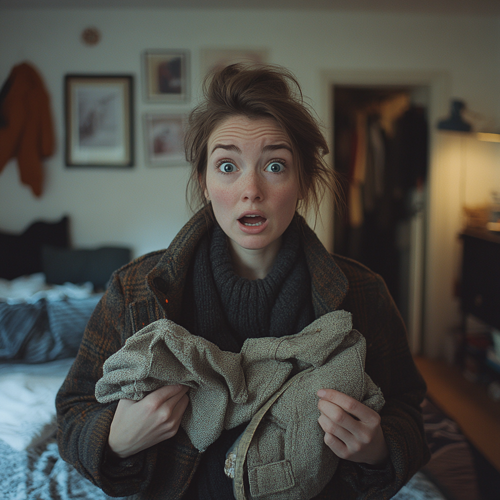 A shocked woman holding a coat | Source: Midjourney