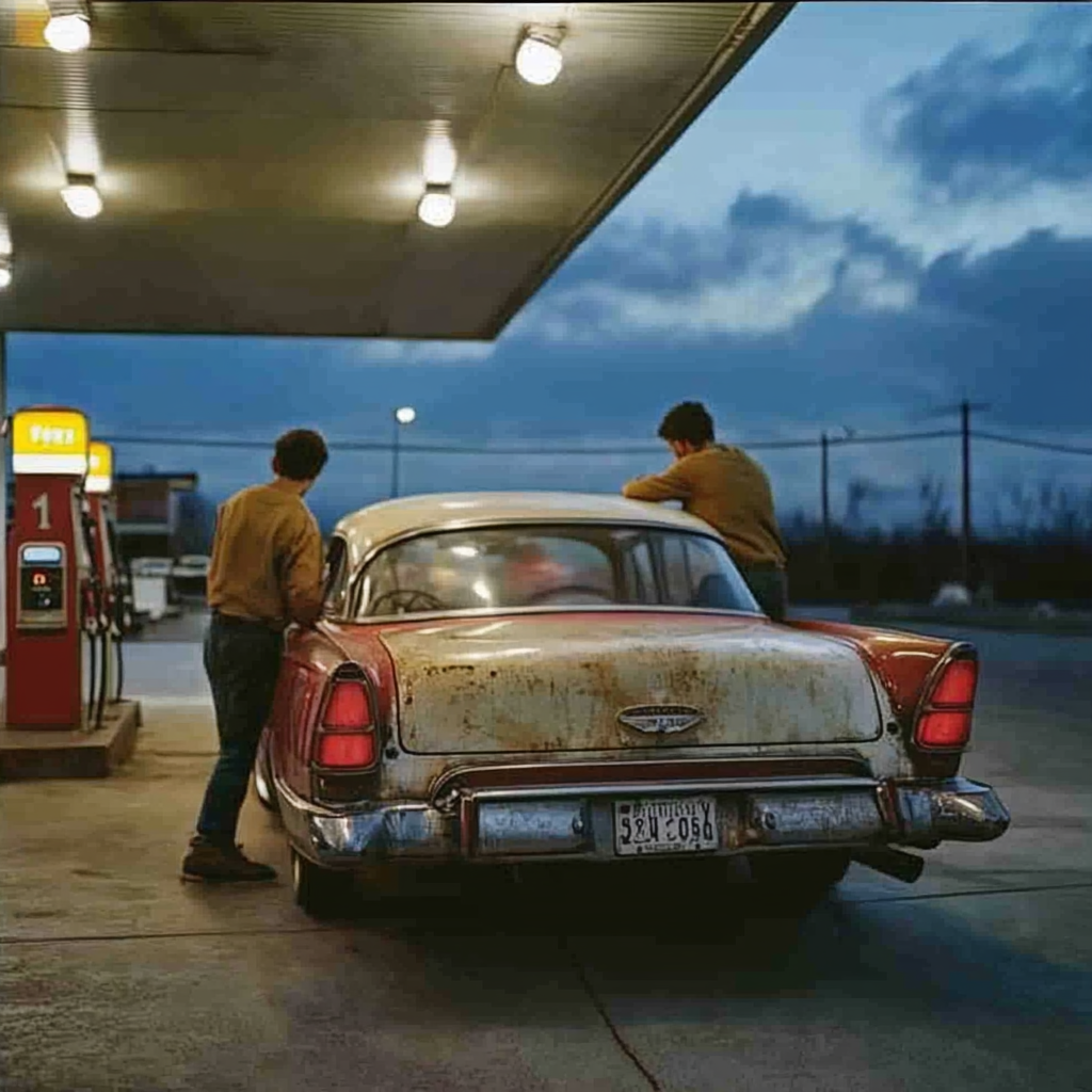 Des hommes poussent une vieille voiture dans une station-service | Source : Midjourney