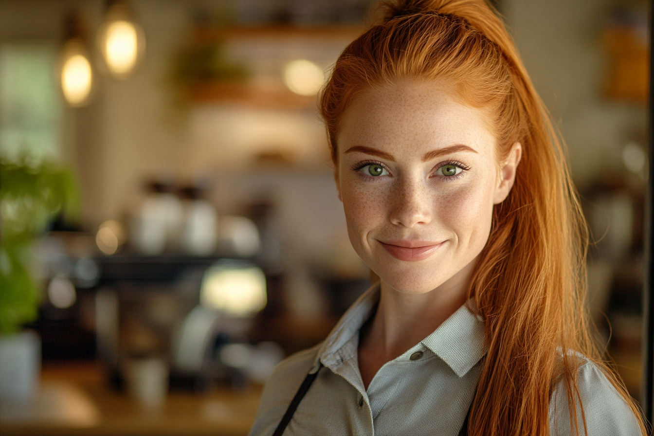 A woman wearing a barista uniform, smiling in a cozy coffee shop | Source: Midjourney