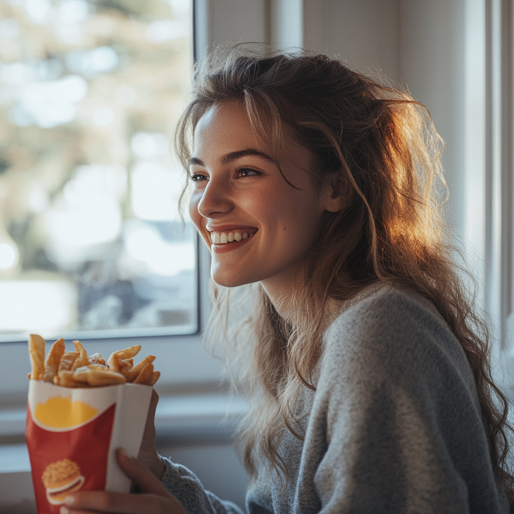 A smiling woman eating fast food | Source: Midjourney