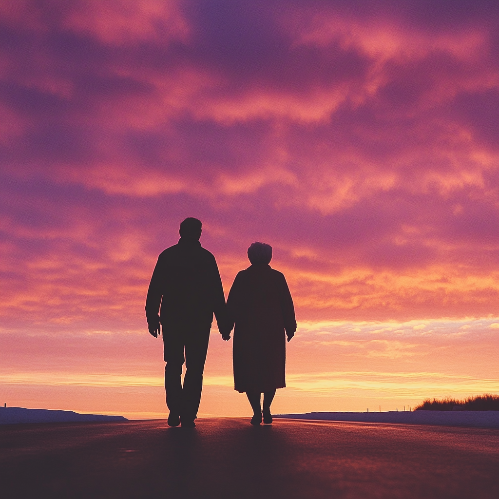 Silhoutte of a man walking on the road with his mother | Source: Midjourney