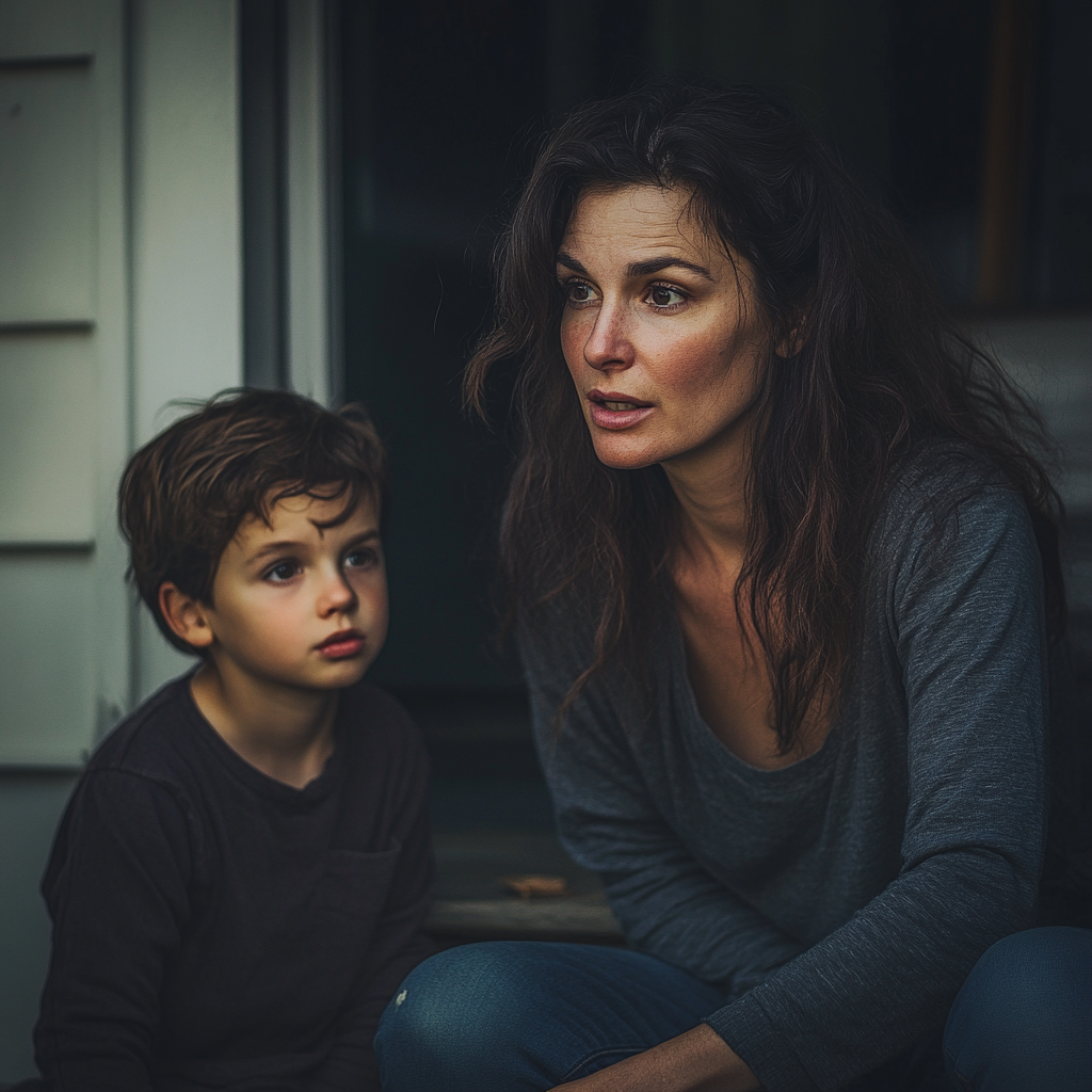 An emotional young woman crouching on the porch, talking to her son | Source: Midjourney