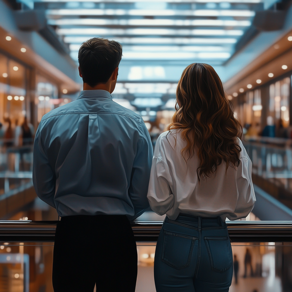 A man and a woman standing in a mall | Source: Midjourney