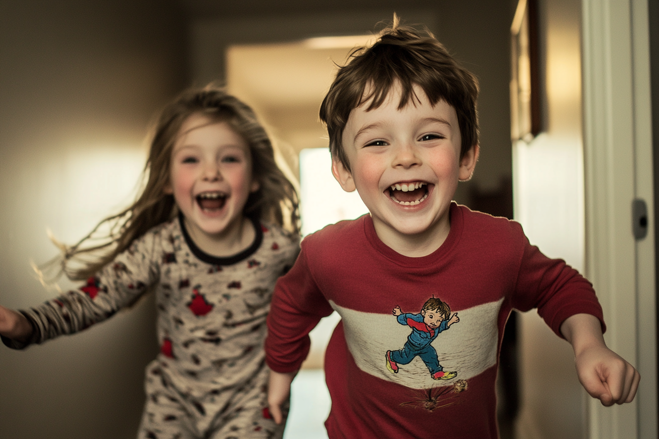 Two excited kids running in a hallway | Source: Midjourney